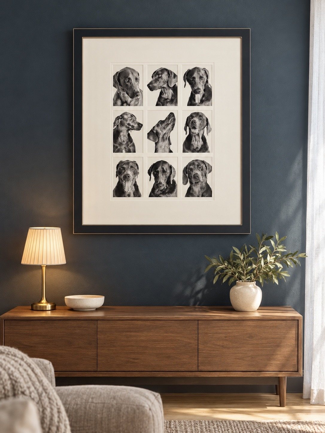 Nine black-and-white Weimaraner portraits in an ivory mat and charcoal frame, displayed above a wood console in a room mockup