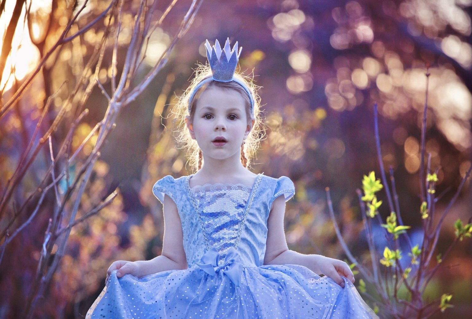 Girl in a blue princess dress and crown in woodland with warm sunlight behind her