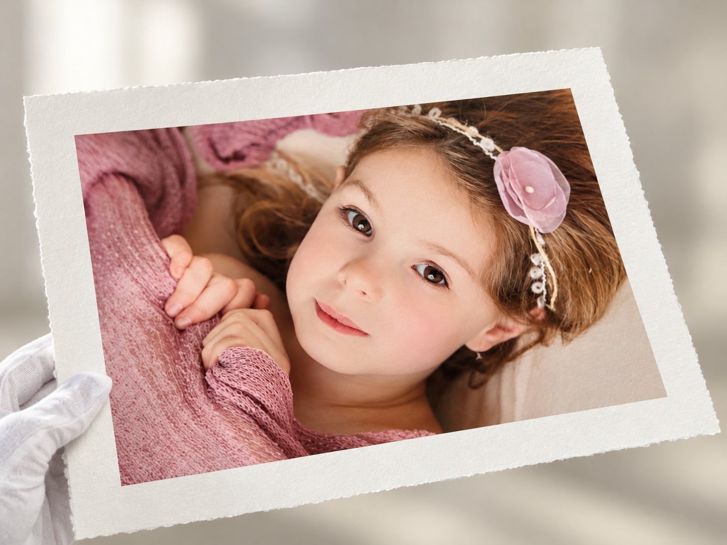 Portrait print of a young girl in pink, with textured paper edges, held with white gloves