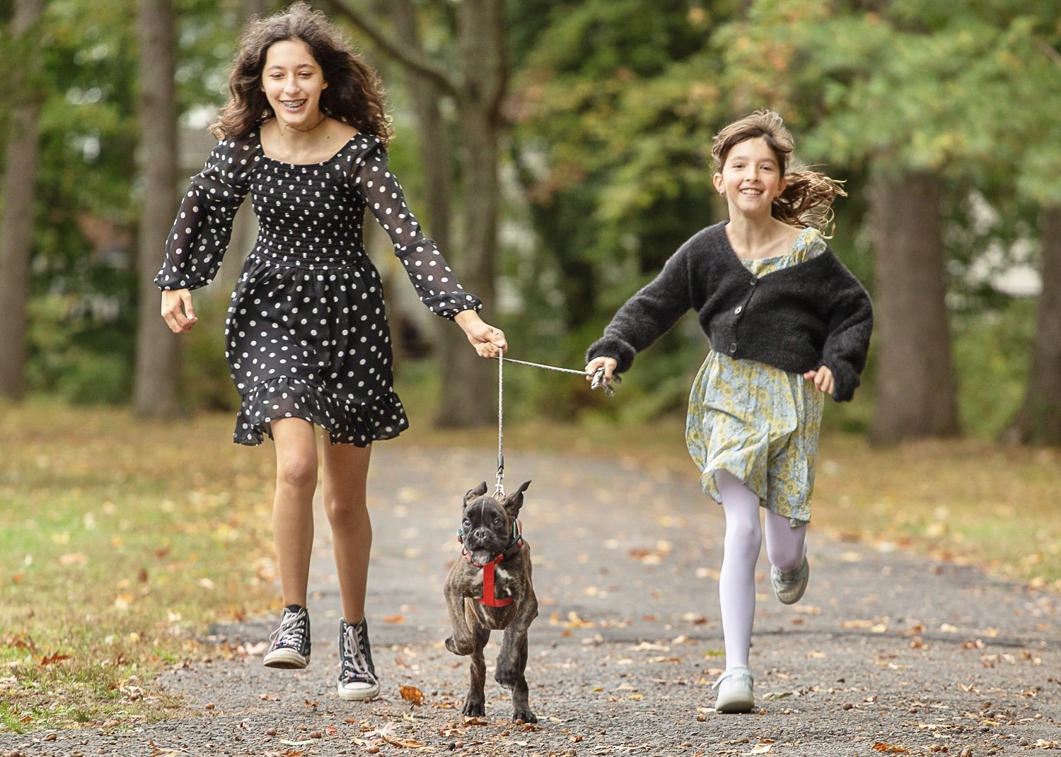 Two girls running along an autumn path with their boxer